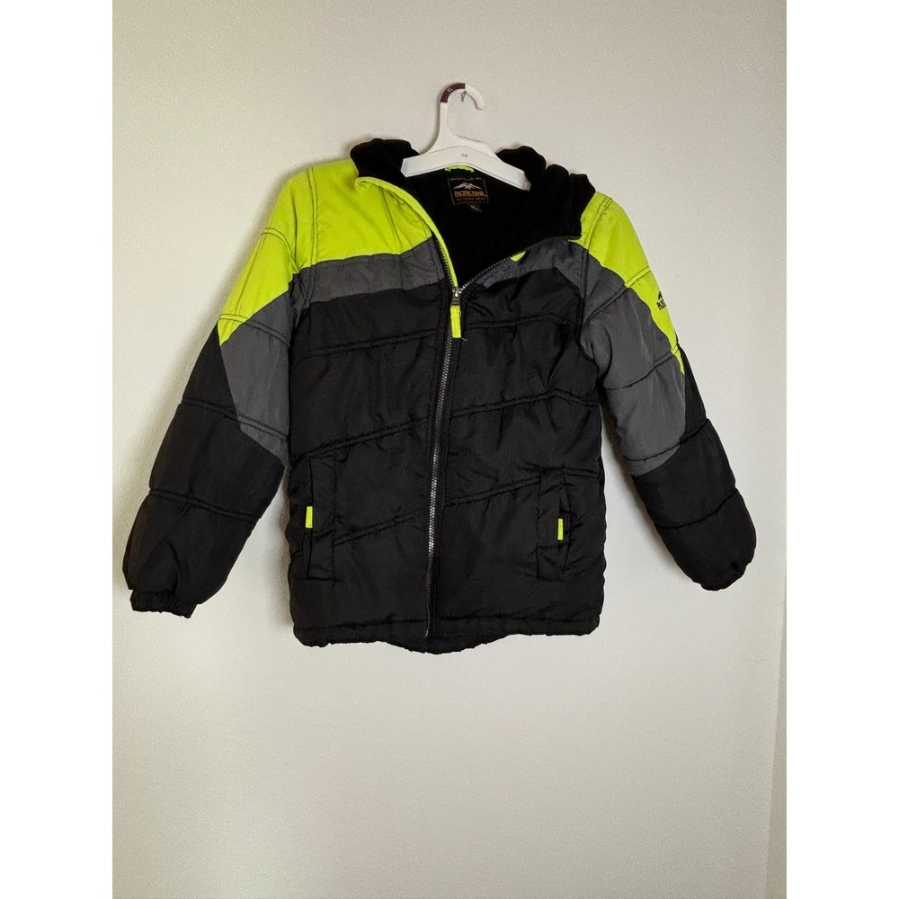 Pacific Trail Boys Puffer Jacket Neon Yellow Black Hooded Winter Coat M 10/12